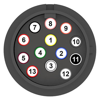 Image showing the built-in 13-pin wiring connector and a callout to each terminal.