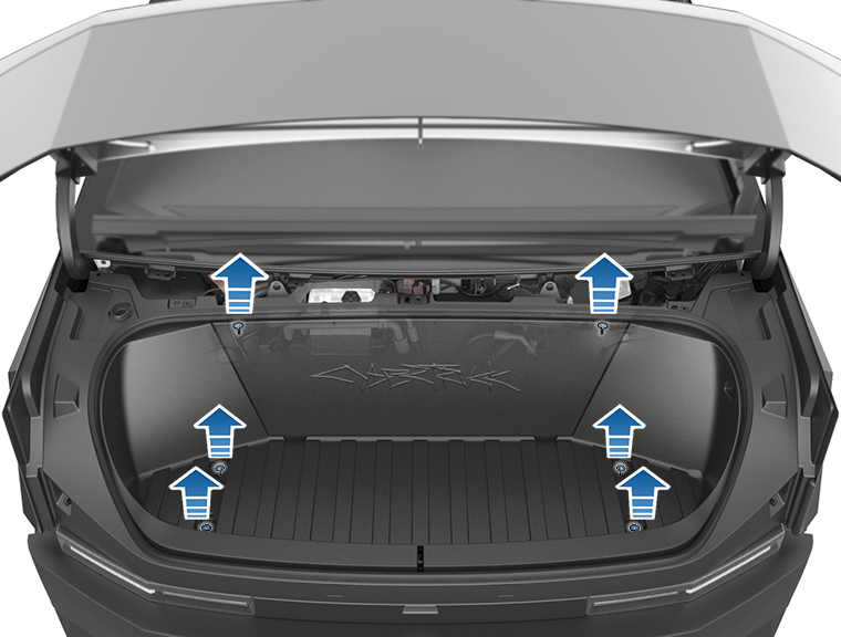 The powered frunk, with the six bolts that hold the lining in place highlighted in blue