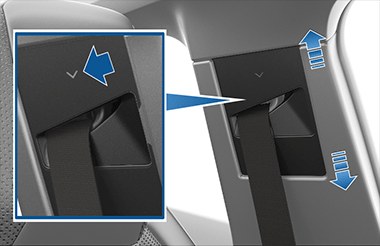 Dispositif de retenue supérieur avec, en gros plan, des flèches vers le haut et le bas qui montrent le bouton du dispositif enfoncé
