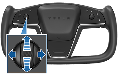 Steering wheel with a zoombox of the left scroll button with blue arrows pointing up, down, left, right