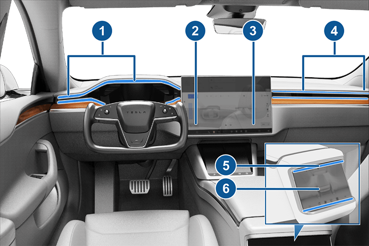 前后驾驶室内部视图，配有标注