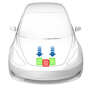 Puščice, usmerjene k dvema zelenima okvirjema na obeh straneh sredine sprednjega roba pokrova sprednjega prtljažnika. Rdeč okvir na sredini sprednjega roba pokrova prtljažnika.