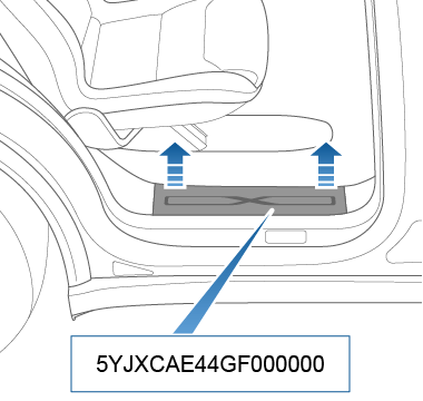 箭頭顯示卸下門檻踏板和顯示在下方的 VIN。