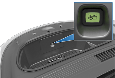 A button inside the front trunk with an image of a car with its trunk open