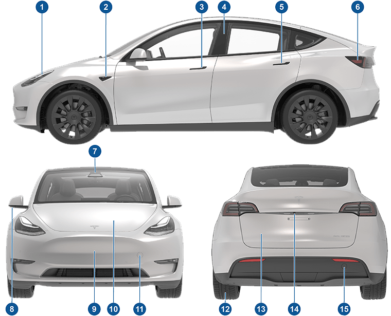 Exterior views of vehicle from side, front and rear with callouts