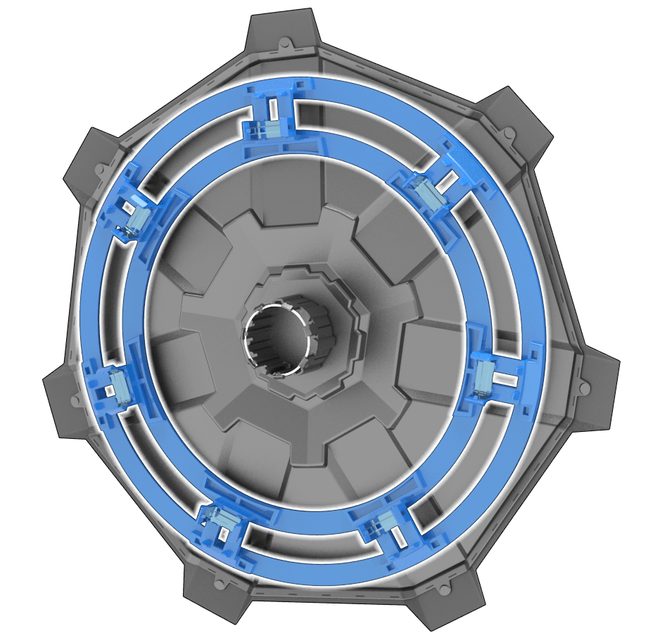 L'intérieur e l'enjoliveur de roue avec l'anneau de montage mis en évidence en bleu