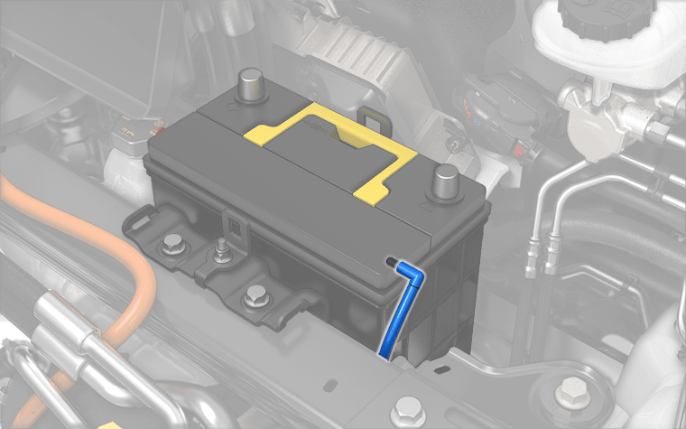 송풍구 튜브 호스가 강조 표시된 저전압 납산 배터리 확대도