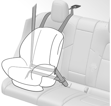 A child safety seat buckled into a passenger seat using the vehicle's seat belt with a tether strap.