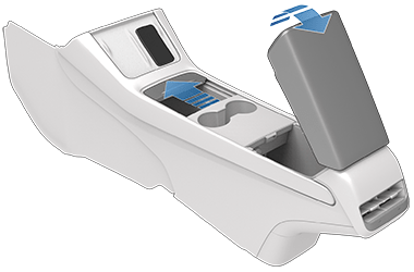 Imagen con flechas que indican cómo abrir los compartimentos de almacenamiento de la consola central.