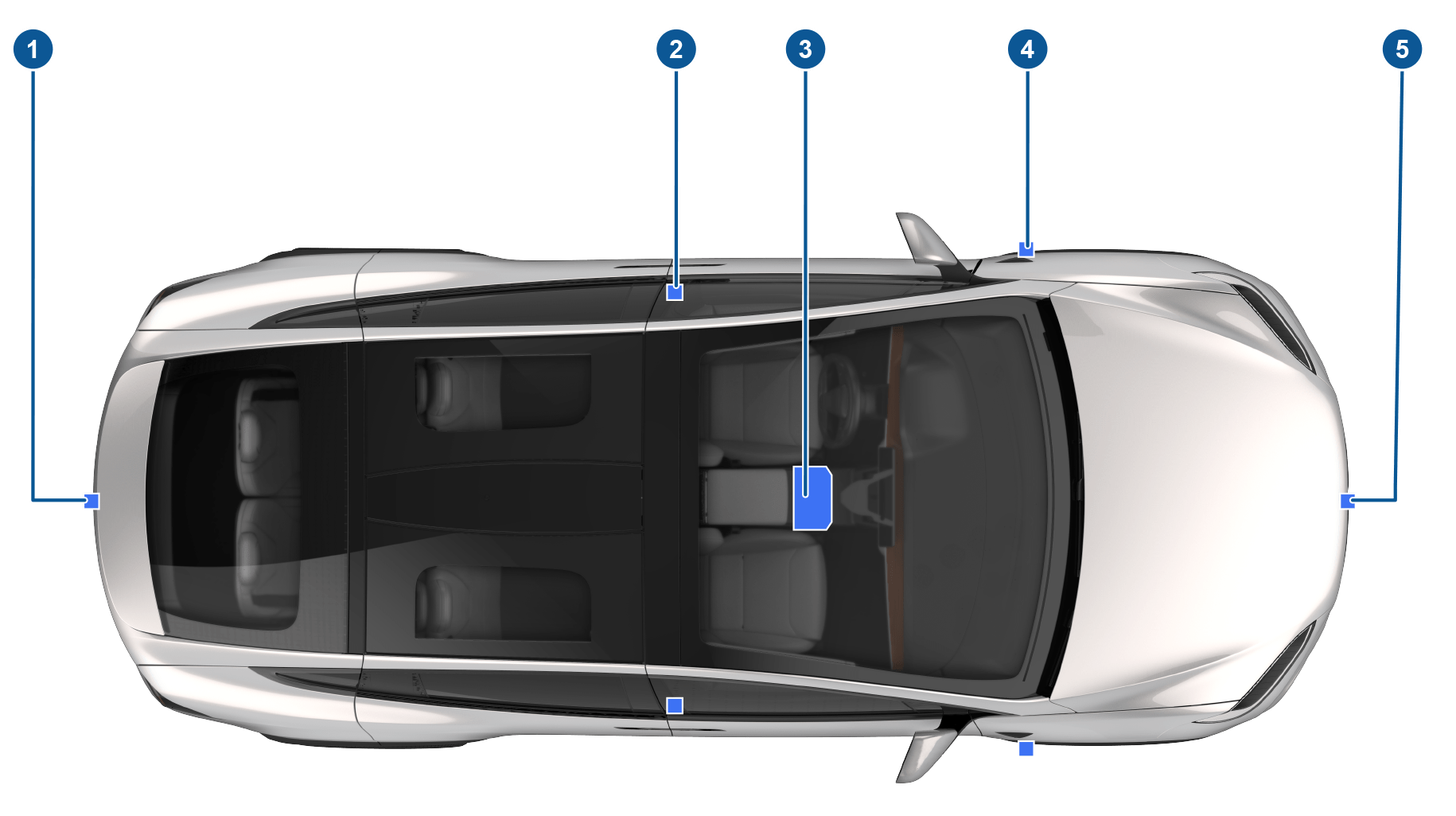圖說文字顯示 Autopilot 自動輔助駕駛 元件在車輛上的位置。