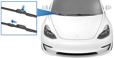 Detalle ampliado de la escobilla del limpiaparabrisas con una flecha apuntando a la pestaña y otra flecha que indica que se tiene que tirar