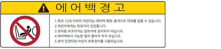 선바이저에 위치한 에어백 경고 라벨에는 앞좌석의 어린이용 시트 위에 사선이 그어진 빨간색 원 표시가 그려져 있음