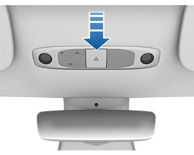 Grey button with white triangle above the rear view mirror