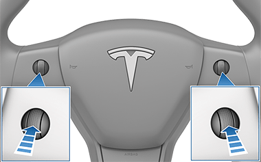 Steering wheel with zoombox of up arrows pointing at the left and right scroll buttons.