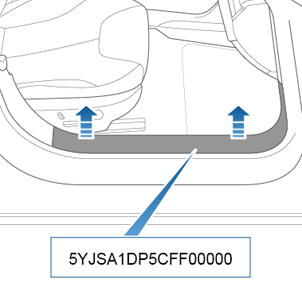 Pijlen die aangeven om het dorpelpaneel te verwijderen en daaronder het VIN.