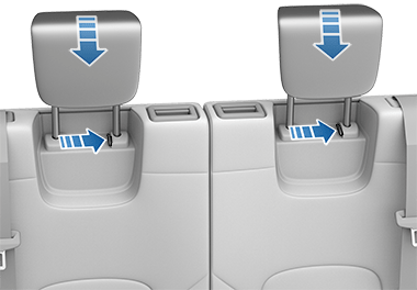 箭咀指向頭枕底部上的按鈕；向下箭咀指向頭枕軟墊