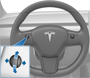 스티어링 휠과, 청색 화살표가 위쪽, 아래쪽, 왼쪽 및 오른쪽을 가리키는 왼쪽 스크롤 버튼의 확대도