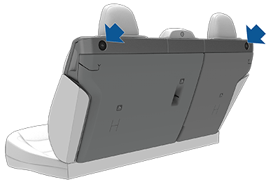 Two arrows each pointing to a button on the outside of the rear seats