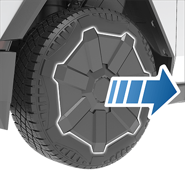 L'enjoliveur de roue avec une flèche pointant vers l'extérieur, à l'opposé de la roue