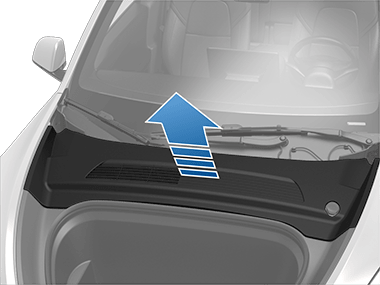 Front trunk access panel with blue arrow pointing up