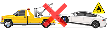 一辆后轮着地、前轮被牵引车升起的 Model S，以及一个红色“X”，表示不应执行该操作。