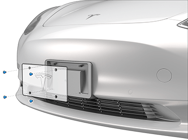 번호판 브래킷 나사가 강조 표시된 차량 전면 표시.