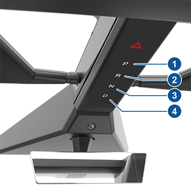 Initials P, R, N and D on the center console with callouts