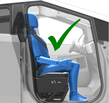 Une personne correctement assise sur un siège de voiture : les épaules et le dos contre le dossier, les pieds au sol et la ceinture de sécurité attachée