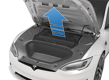 前备箱盖打开，维护板以向上箭头标示。