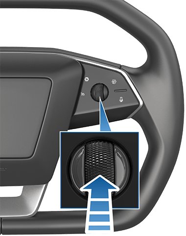 Steering wheel with a zoombox of the right scroll button with blue arrows pointing up, down, left, right