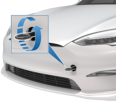 车辆前部，以及一个缩放框和一个箭头，指示逆时针转动牵引环以固定它。