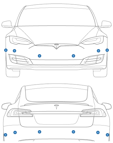 front and rear of vehicle with sensors highlighted.