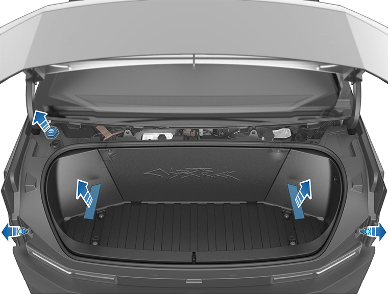 The powered frunk, with highlights and arrows showing the bump stops, windshield washer fluid cap, and removable trim