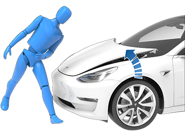 车辆与仿真行人碰撞，箭头显示前罩升起。