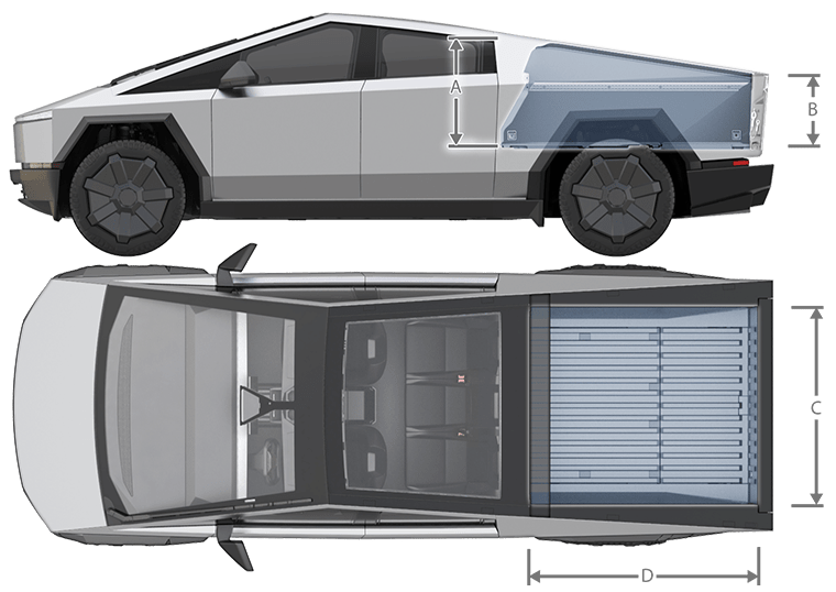 Vistas frontal y lateral del vehículo con líneas que representan las medidas