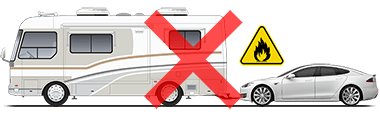 Model S en cours de remorquage derrière un camping-car avec ses quatre roues au sol, un « X » rouge indiquant que cette situation ne doit pas être reproduite.