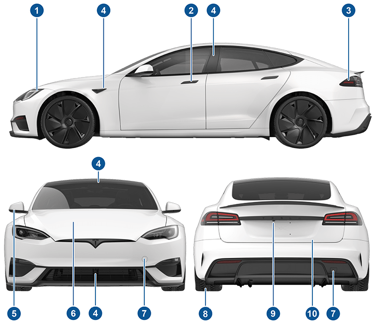 Exterior views of vehicle from side, front and rear with callouts