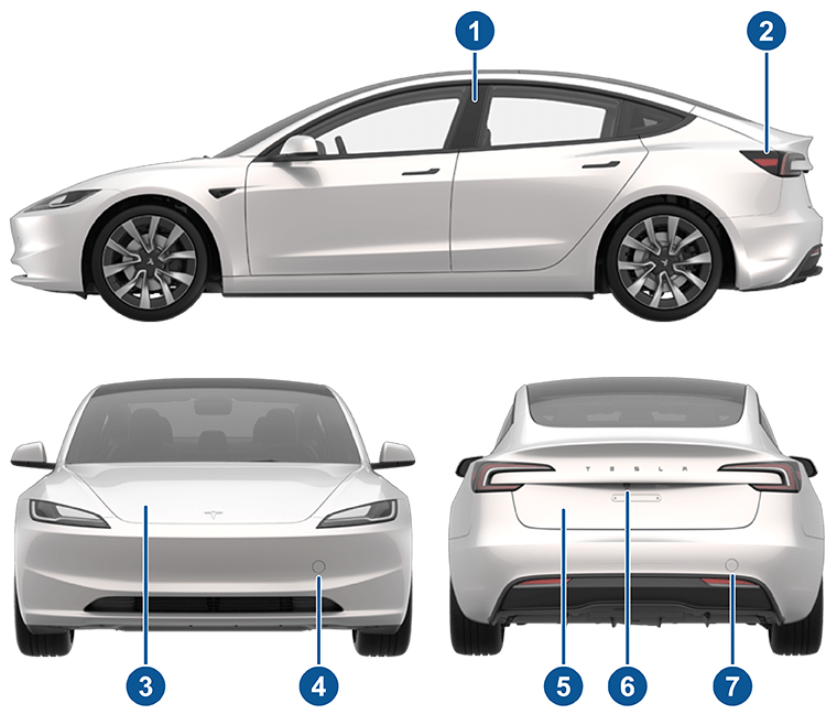 Exterior views of vehicle from side, front and rear with callouts