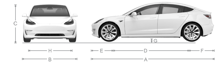 Vues avant et latérale du véhicule avec des lignes montrant les mesures