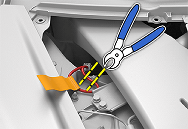 황색 점선 2개가 적색 와이어를 가로지르는 응급구조대 루프와 와이어 절단기
