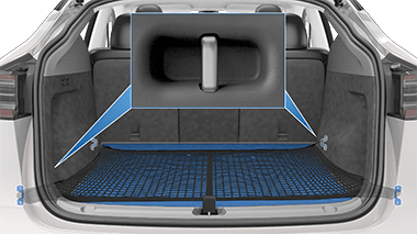 Rear trunk with cargo net laying flat on the trunk floor with zoom boxes showing the cargo hooks