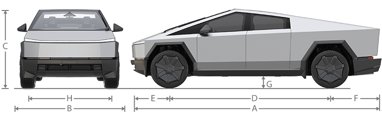Vistas frontal y lateral del vehículo con líneas que representan las medidas