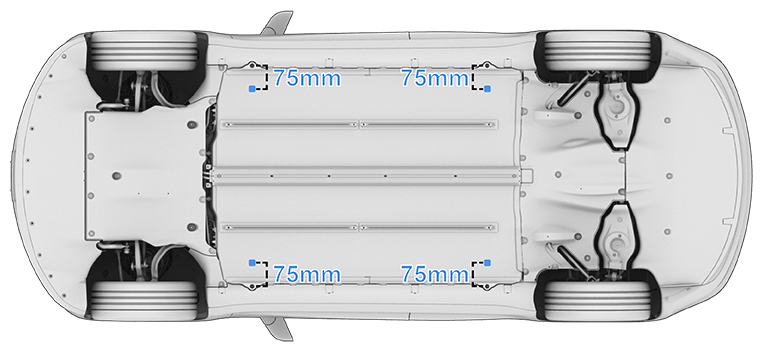 Underneath the vehicle, four blue dots representing the measurement of 75mm inwards from each jack hole