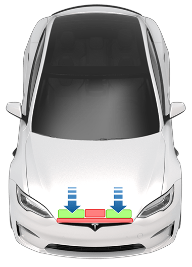 箭头指向前备箱盖前部中央边缘任何一侧的两个绿色框。前备箱盖前部中央边缘的红色框。