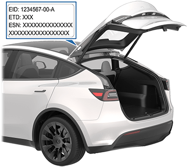 Model Y with rear trunk open, zoombox to show label on liftgate.