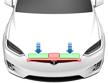 Flèches pointant vers deux carrés verts de part et d'autre de la section centrale avant du capot avant. Un carré rouge sur la section centrale avant du capot.