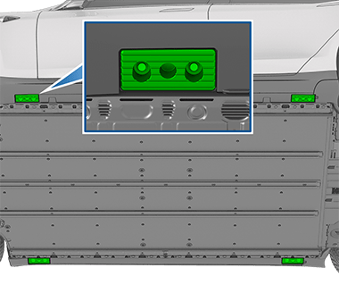 車両の下からの図（リフト ポイントを緑色で、回避すべきエリアを赤色で表示）