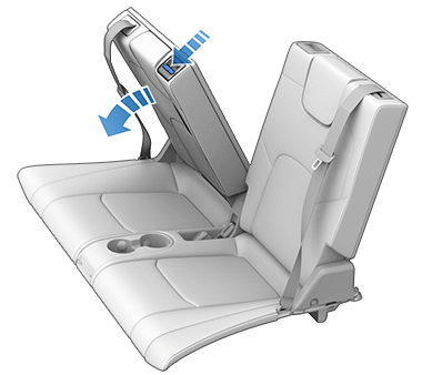 第三排座椅，一個箭咀指向上角的按鈕，另一箭咀指向下方，同時座椅摺疊